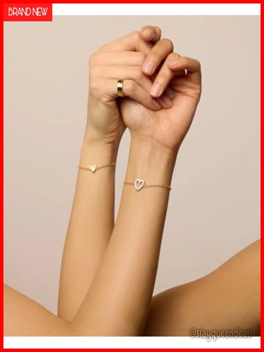 14K Gold Plated Heart Charms Solitaire Bracelet Set Adjustable Two Pack
